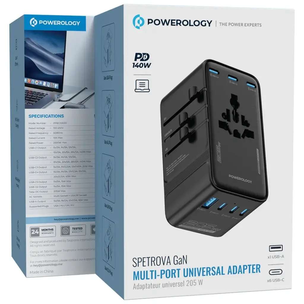 Powerology Spetrova Travel Powerstation PD205W 6x Type-C & 1 USB GaN III Tech - Linkphones Center